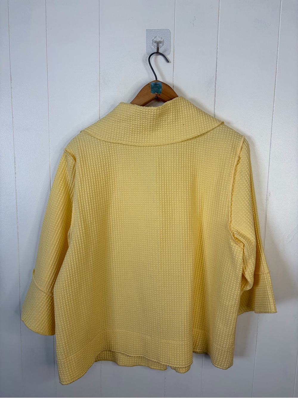 Vintage 90s Yellow Waffle Oversized Jacket Women Size Large lagenlook 3/4 sleeve - Picture 4 of 9